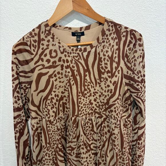 AFRM Babydoll Dress Animal Print Women's Medium Brown Long Sleeve Tiered - Picture 3 of 8